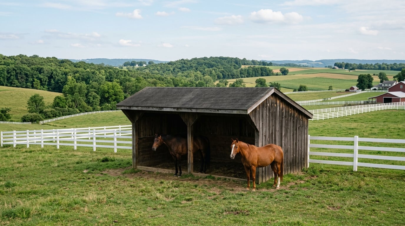 Horse run-in shed at equestrian farm