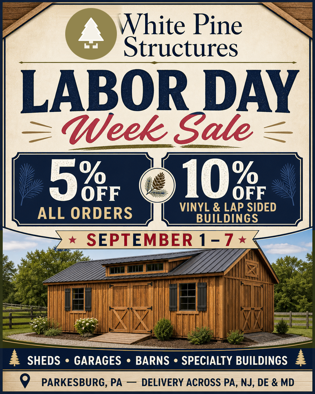 Labor Day Week Sale flyer — 5% off all orders, 10% off vinyl and lap sided buildings, September 1–7