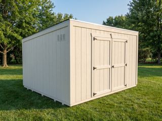 Lean To shed with single-slope roof, LP SmartSide siding, and double doors