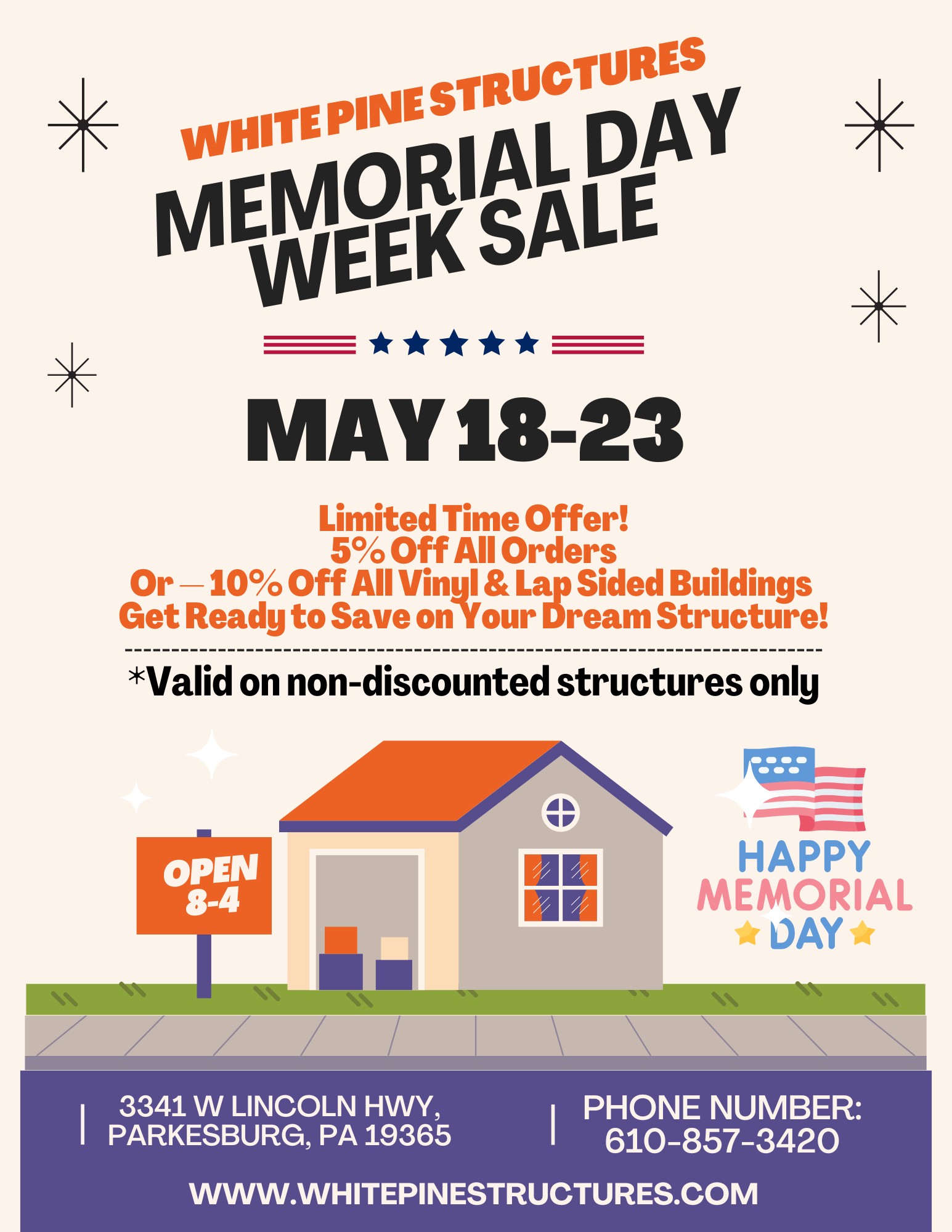 Memorial Day Week Sale flyer — 5% off all orders, 10% off vinyl and lap sided buildings, May 18–23