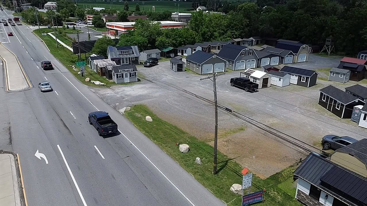Aerial view of the White Pine Structures sales lot right on Route 30 in Parkesburg, PA