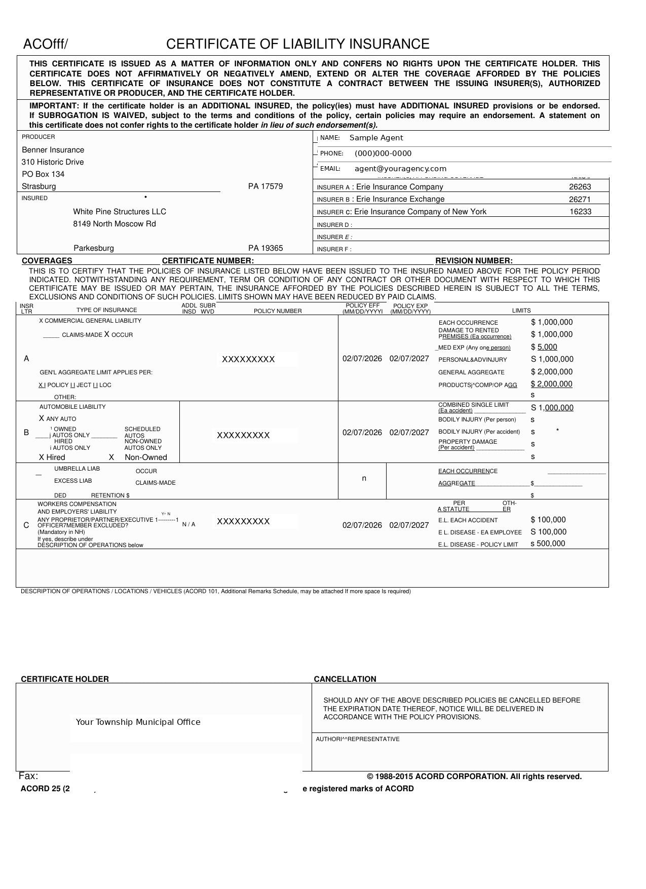 A sample ACORD certificate of liability insurance for White Pine Structures, with policy numbers and agent contact details redacted, showing general liability, auto and workers compensation coverage