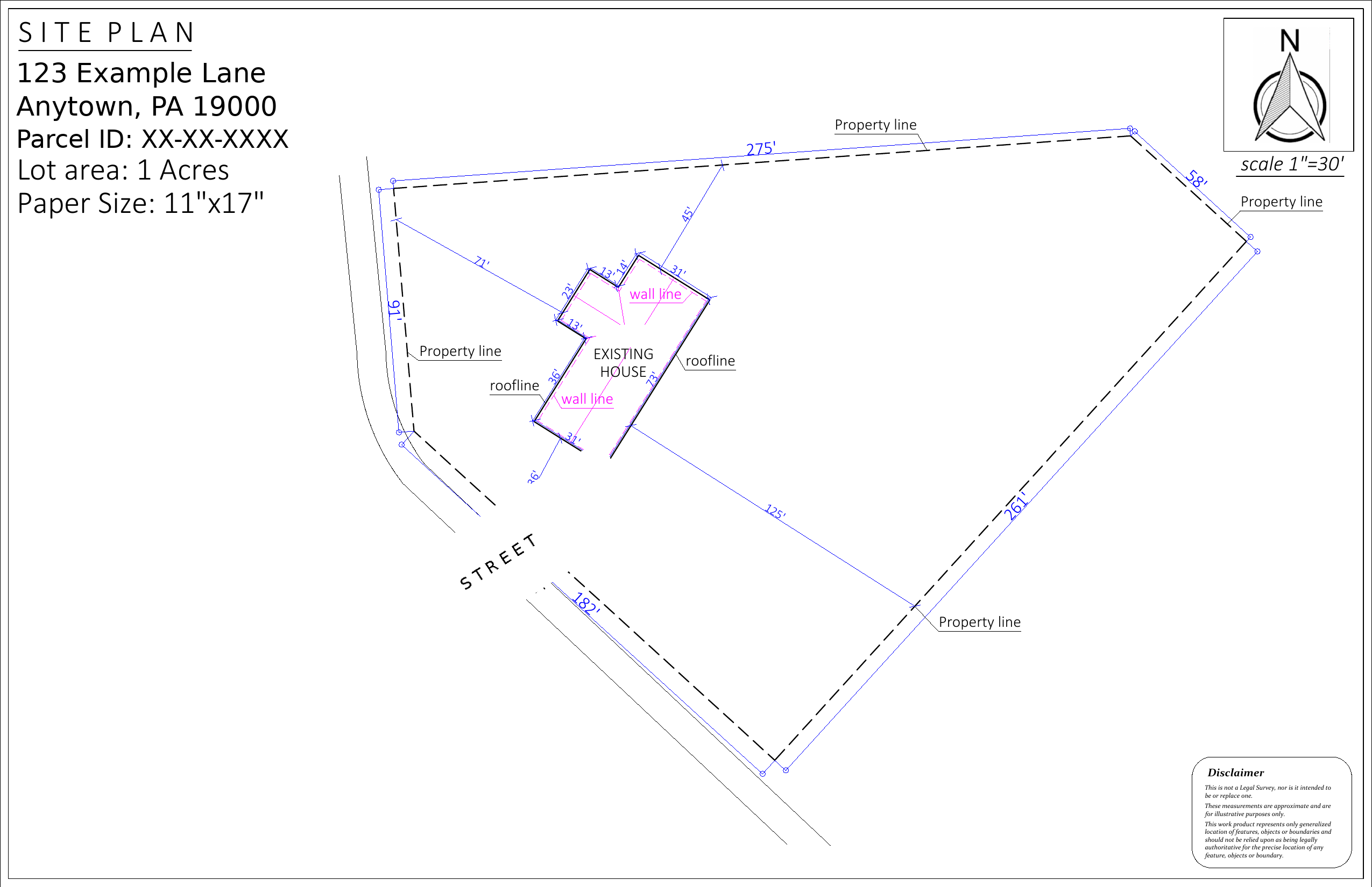 A sample measured site plan prepared by White Pine Structures, showing property lines with dimensions, the existing house footprint, and a north arrow at 1 inch equals 30 feet scale